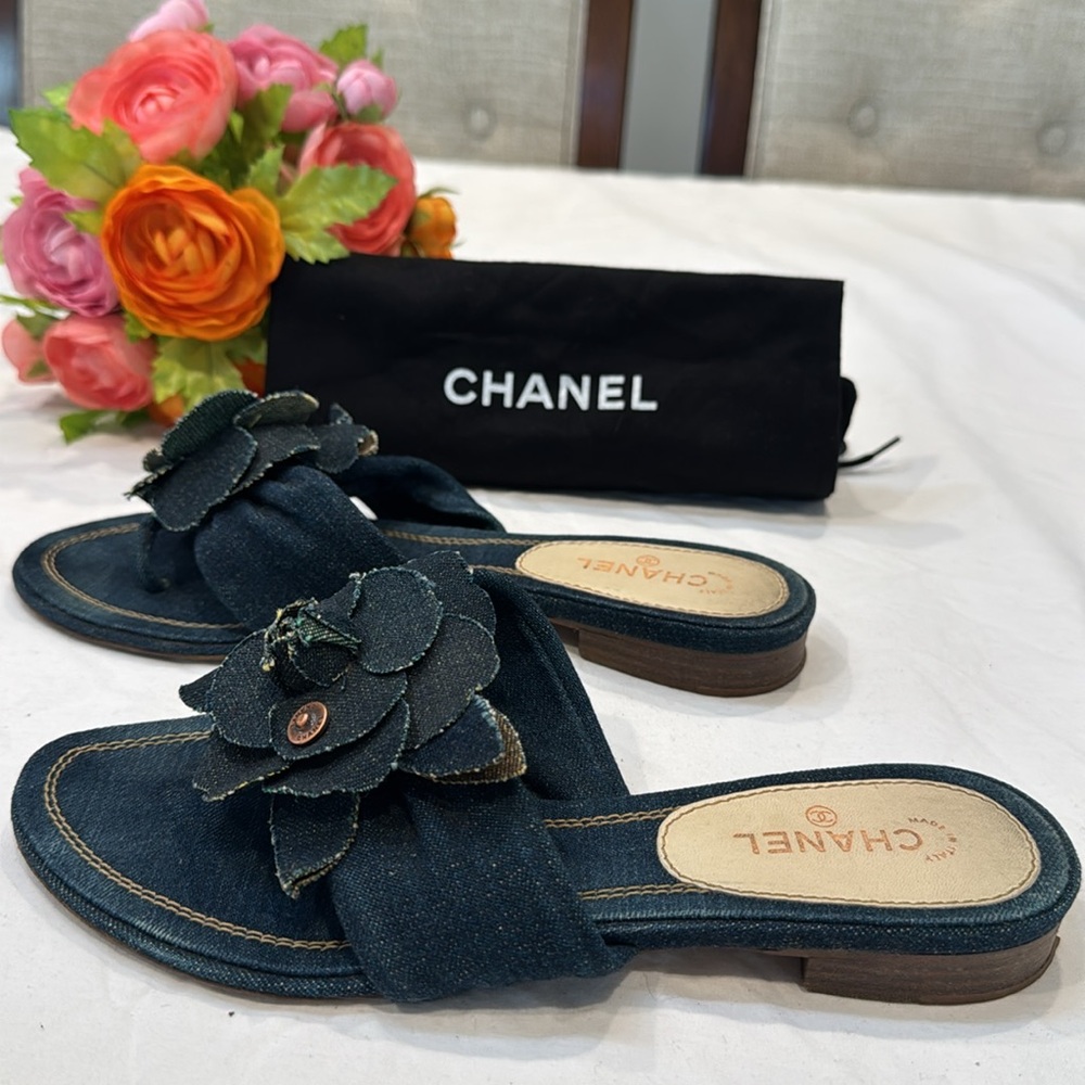 Authentic Chanel Women's Dark Blue Floral Sandals